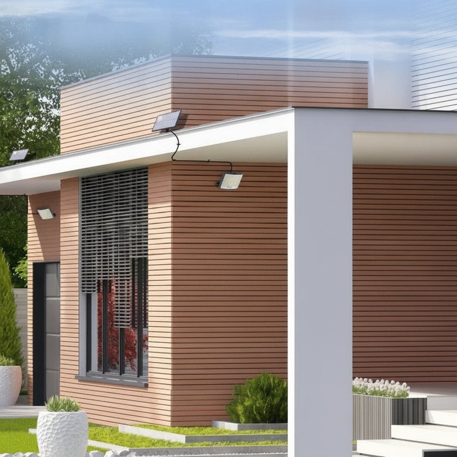 Solar light installed on a modern home's exterior facade.