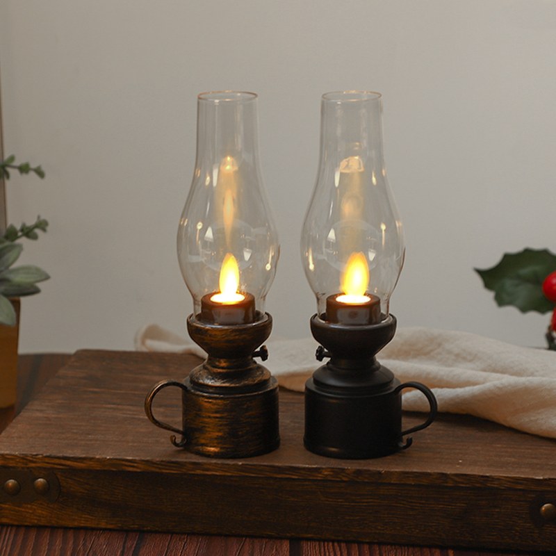 Bronze and black vintage lamps on wooden holiday tray