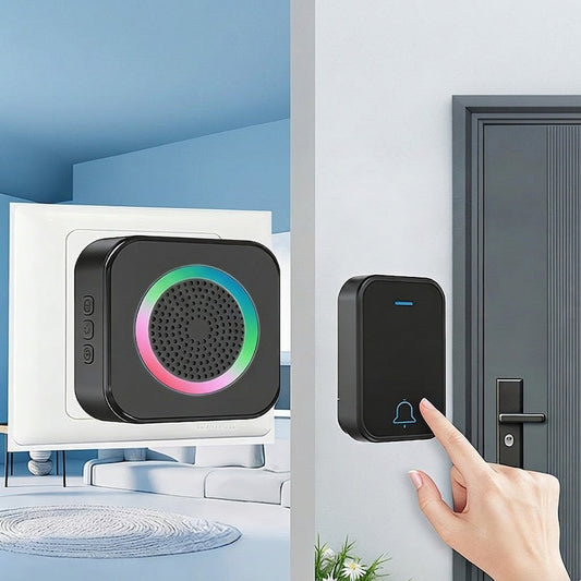 Wireless doorbell - receiver plugged into a wall outlet and transmitter mounted at the door