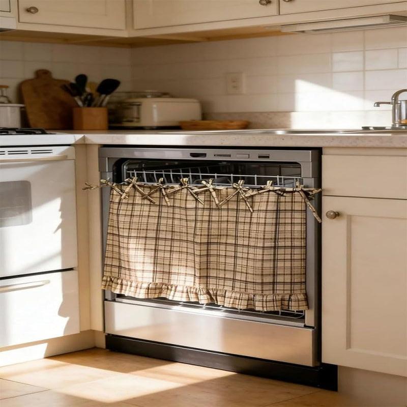 Beige plaid ruffled skirt on stainless steel dishwasher in white kitchen