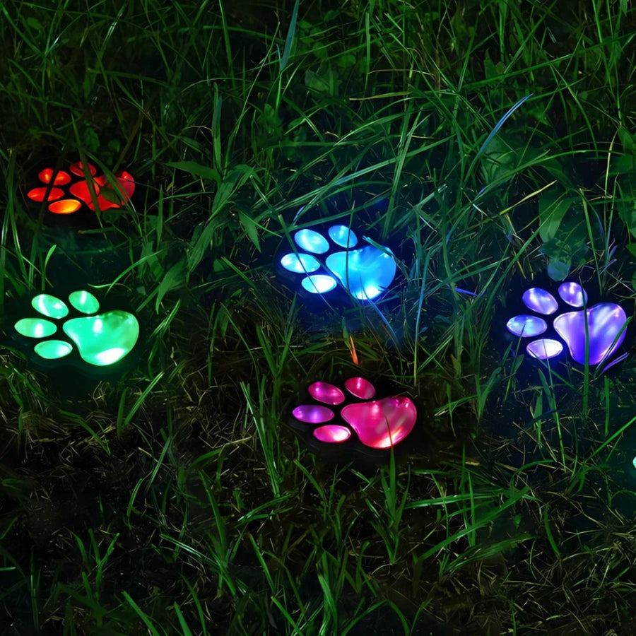 Multicolor paw lights in red, green, blue, and pink on the lawn
