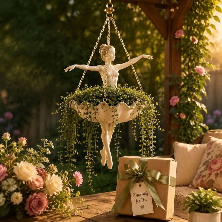 Decorative ballerina planter hanging in a garden