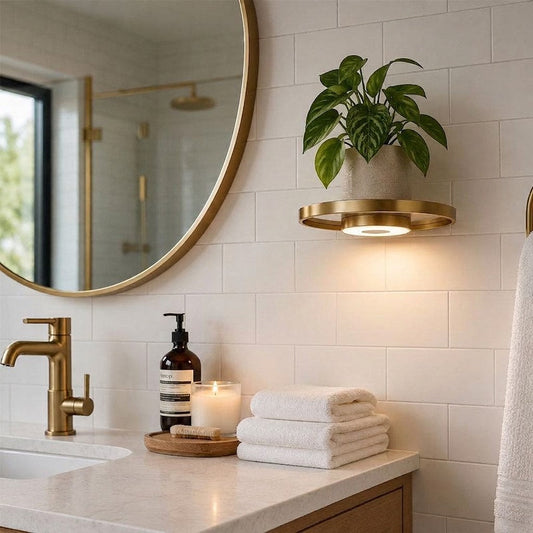 Floating corner shelf with LED lighting mounted in a wall corner, glowing softly