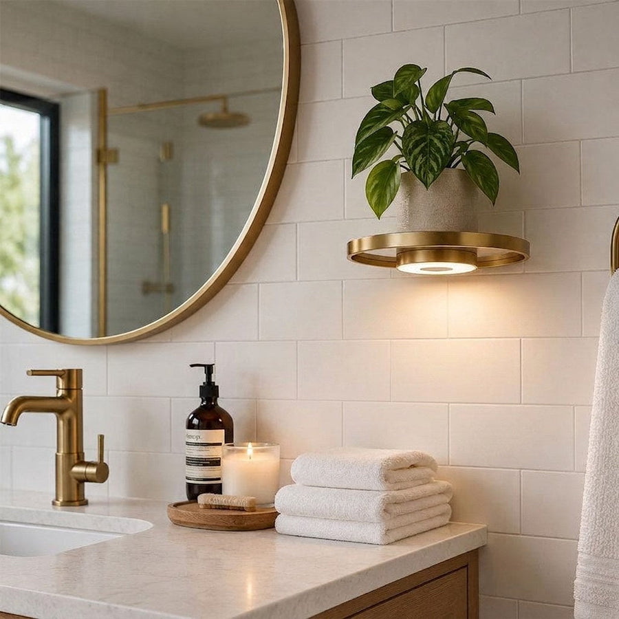 Floating corner shelf with LED lighting mounted in a wall corner, glowing softly