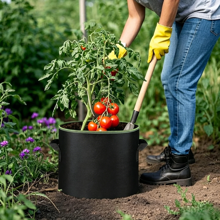 Person gardening with a grow bag and tomato plant