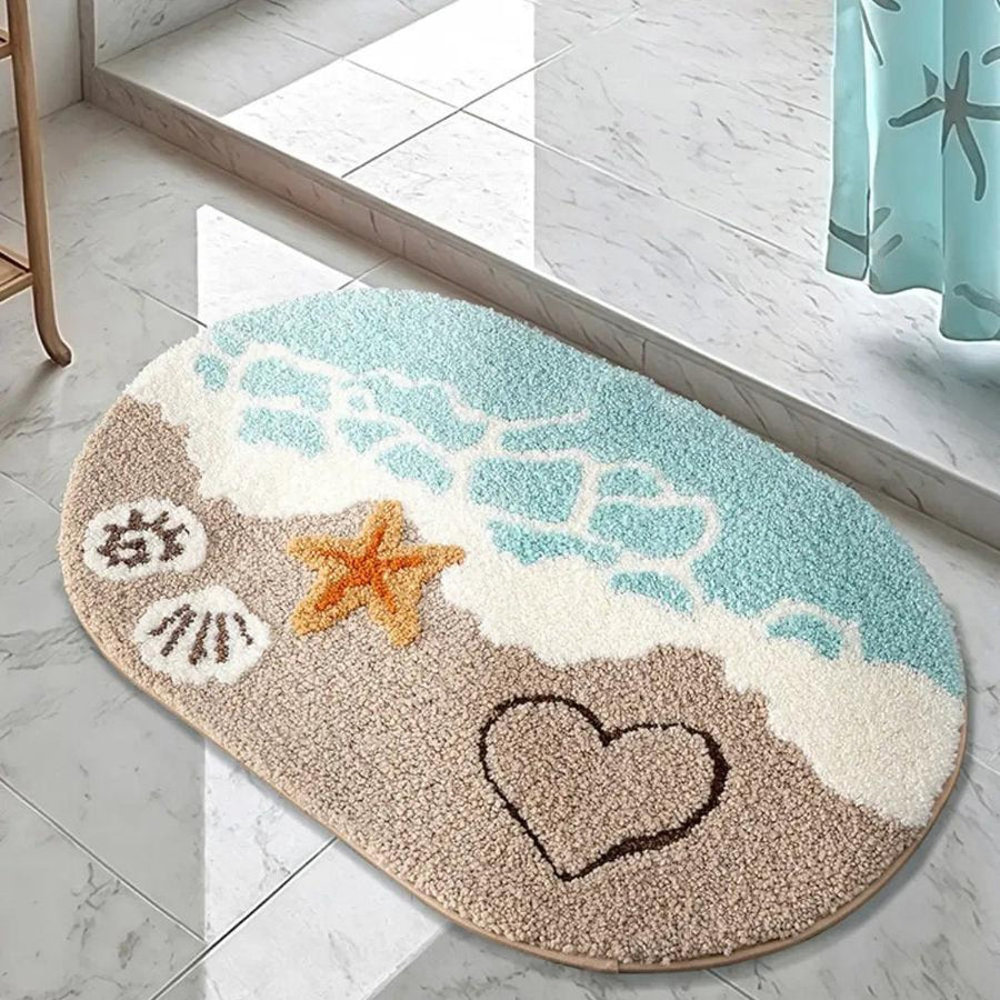 Ocean-pattern bath mat in a shower room with marble flooring