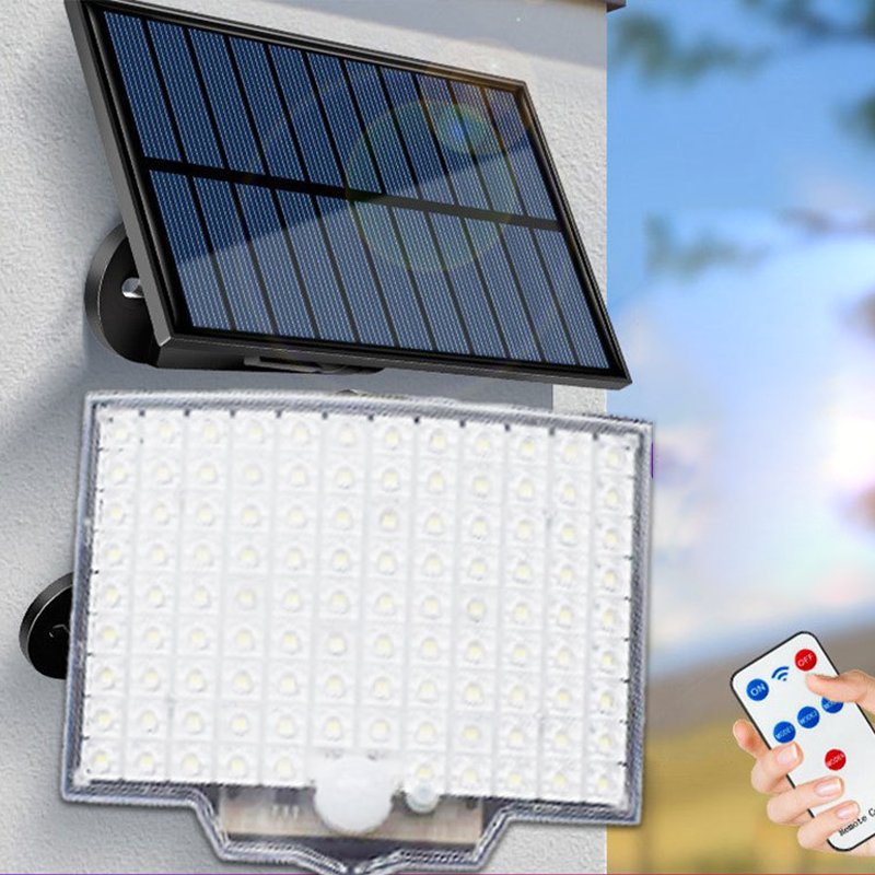 Wall-mounted solar light shown with its remote control.