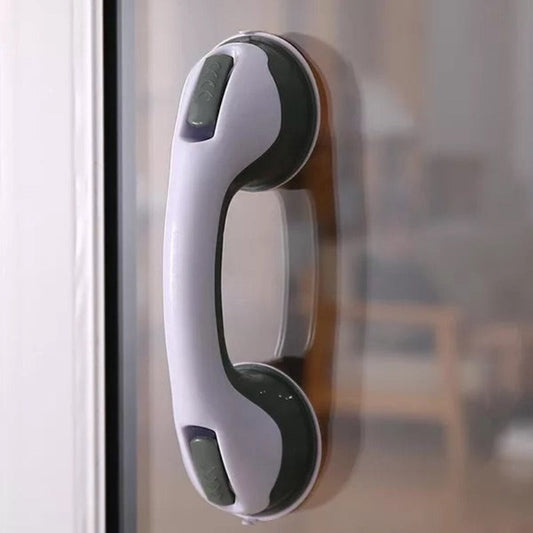 Safety handle mounted on glass shower panel