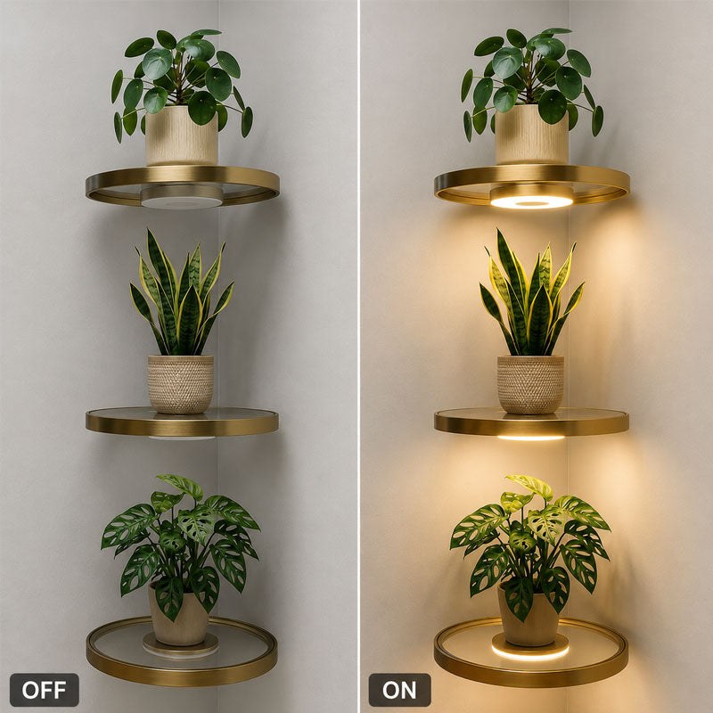 Floating corner shelf with LED in a modern bathroom with a potted plant and gold accents