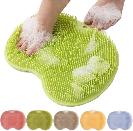 Green silicone foot scrubber mat shown in use with all color options