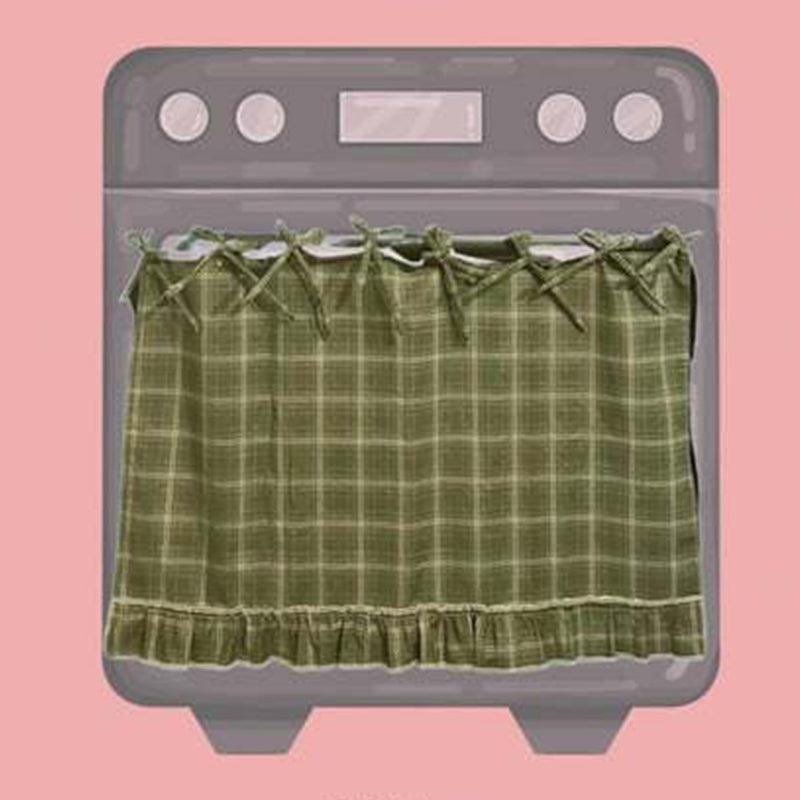 Green plaid ruffled oven door skirt tied to oven handle
