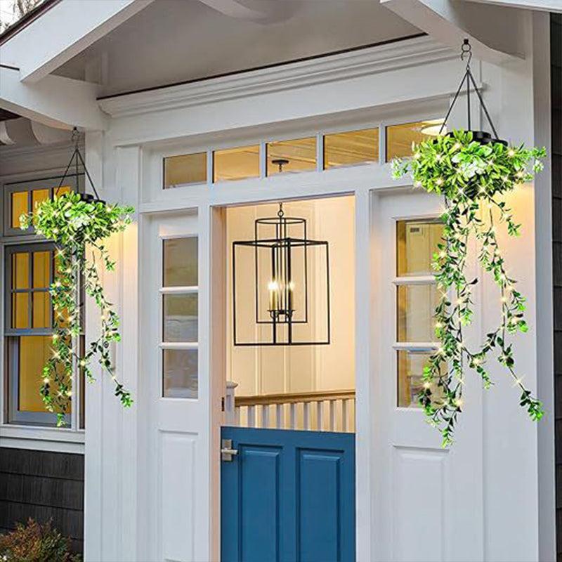 House entrance with two hanging solar ivy lanterns
