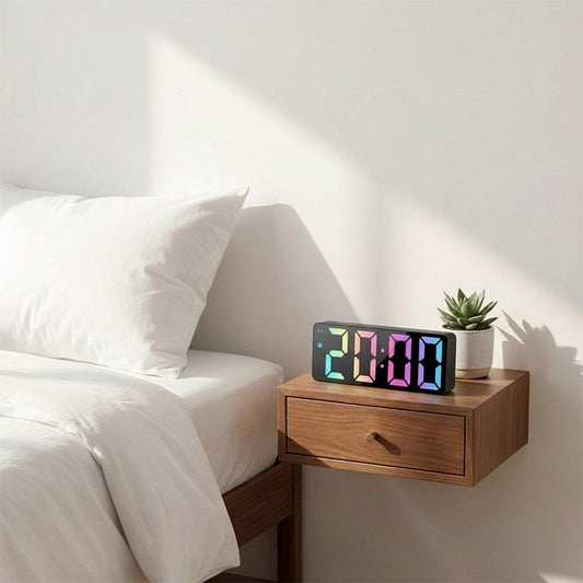 Digital LED alarm clock with RGB display on a nightstand