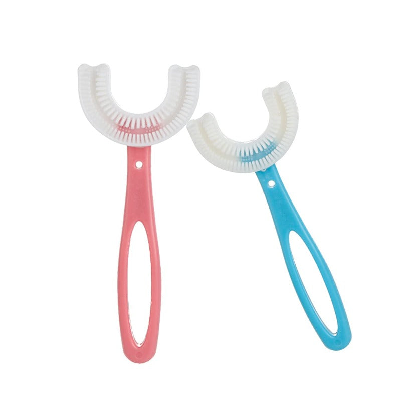 360° kids' toothbrush with grip handle in pink and blue