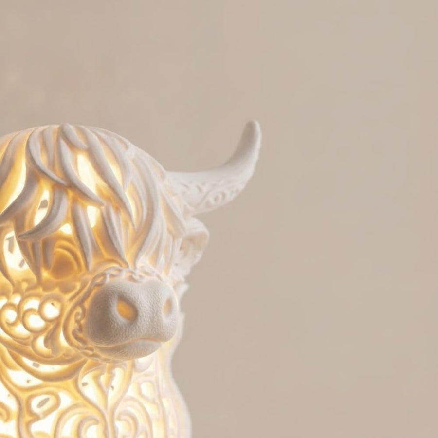 Close-up of the lamp's filigree details and warm LED light