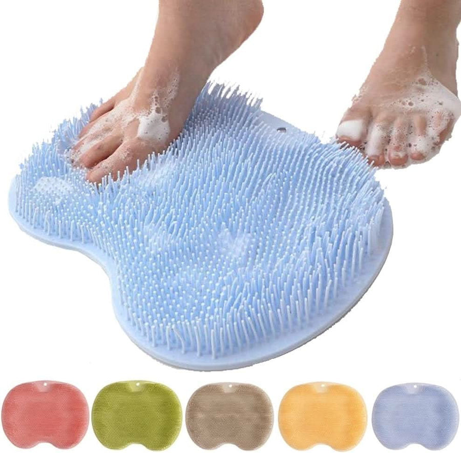 Blue silicone foot scrubber mat with soap suds