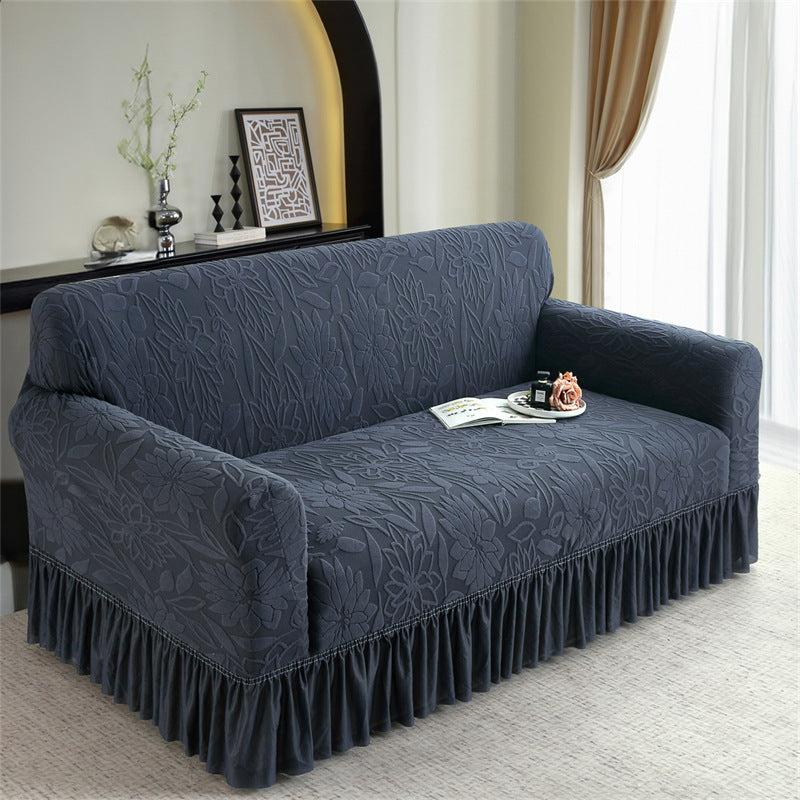 Dark gray sofa slipcover with jacquard floral pattern