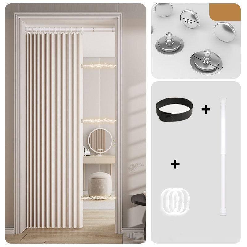 Beige accordion curtain with magnetic closures and included accessories