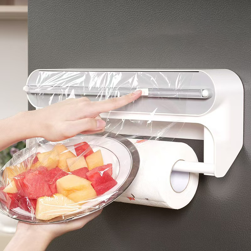 Wood grain finish wrap dispenser shown from a side angle