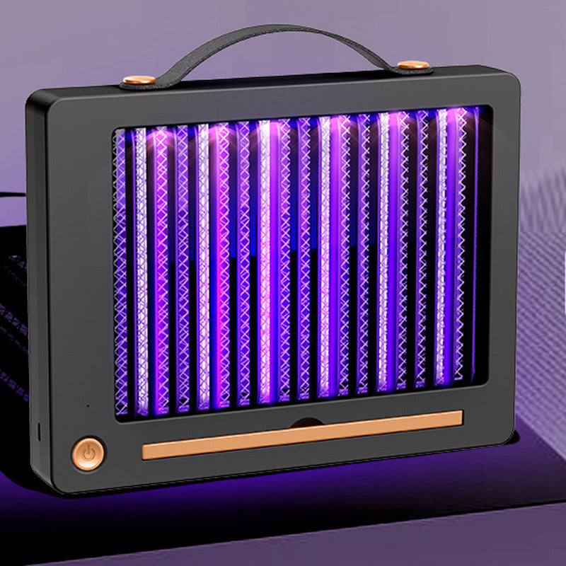 Front view of black electric mosquito zapper with UV light and grid