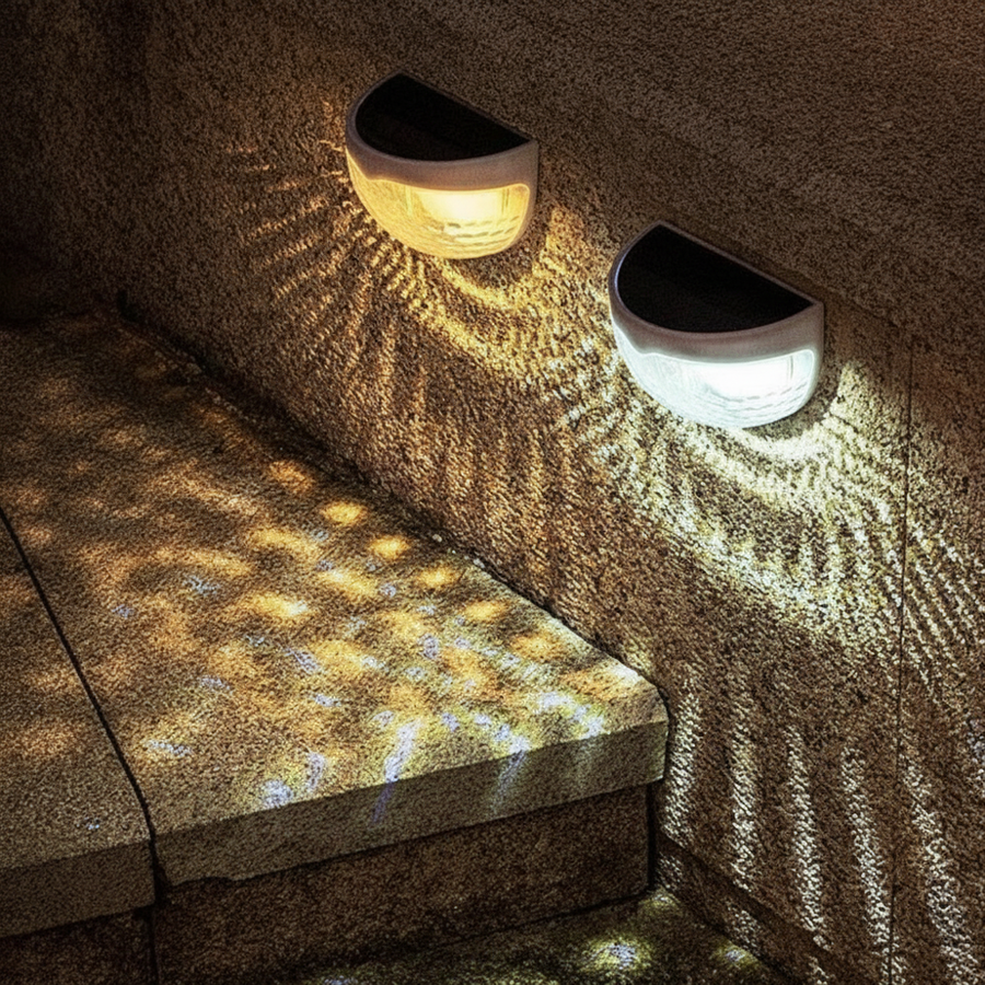 Solar lights on stairway steps at night