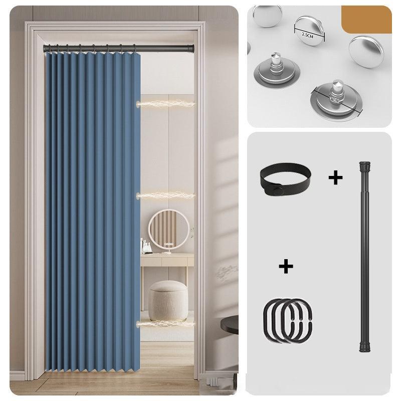 Blue accordion curtain with tension rod and included hardware