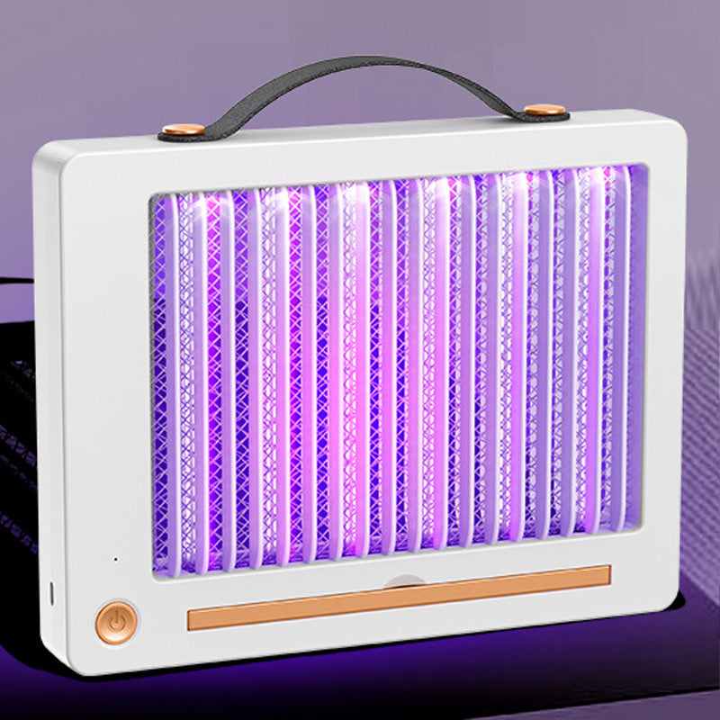 Front view of white electric mosquito zapper with UV light on