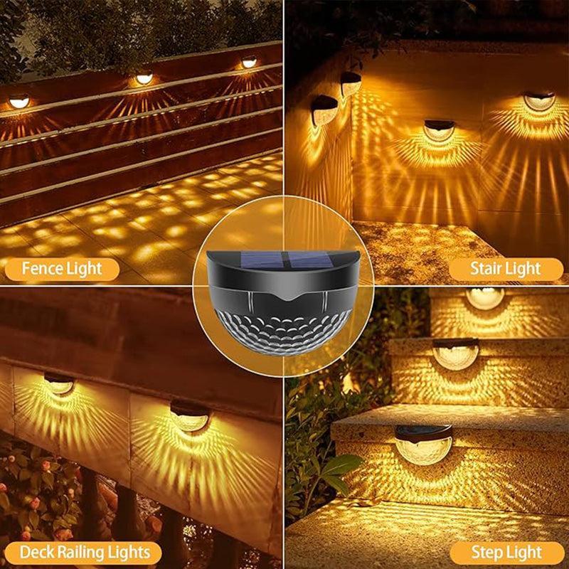 Solar lights placed on a fence and staircase