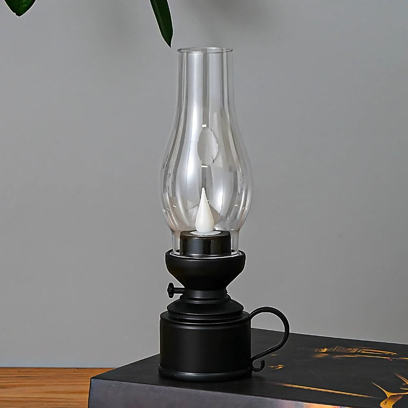 Black water drop wick vintage LED oil lamp studio shot