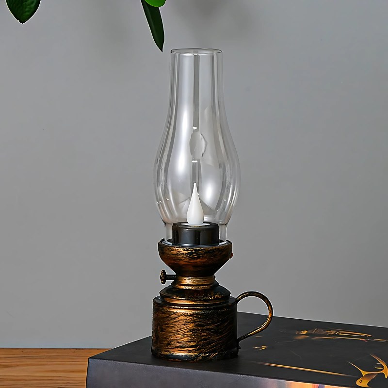 Bronze water drop wick vintage LED oil lamp studio shot