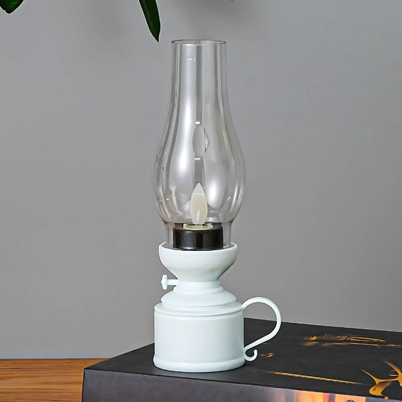White swing wick vintage LED oil lamp studio shot