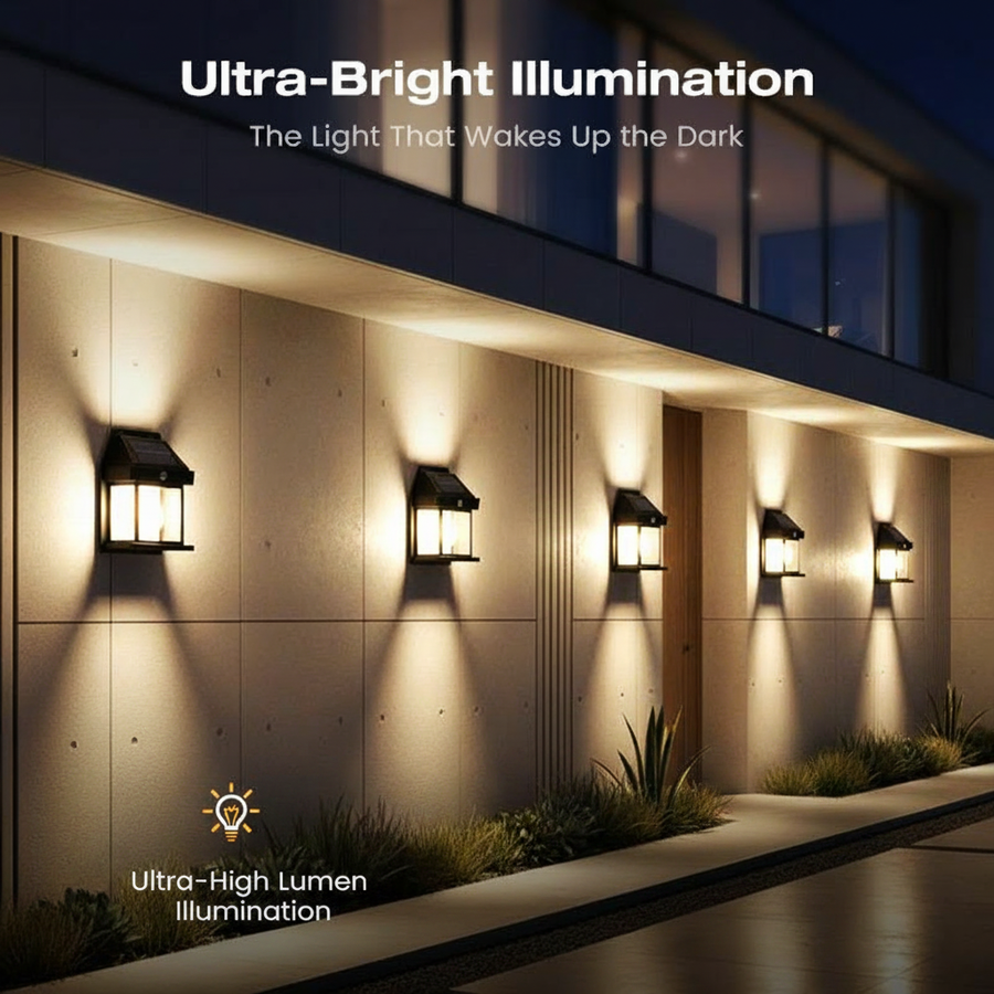 Solar wall lights on a house facade at night