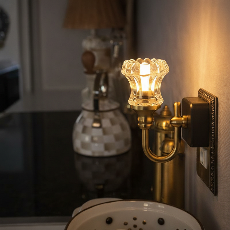 Vintage wall sconce casting a soft glow in a bathroom