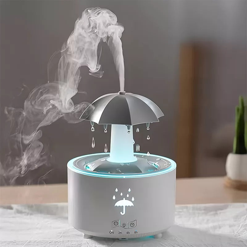White humidifier releasing mist in a home setting