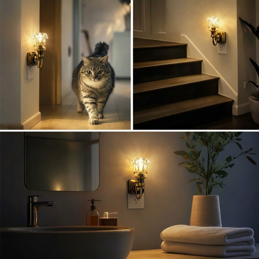 Vintage wall sconces lighting a hallway staircase and bathroom
