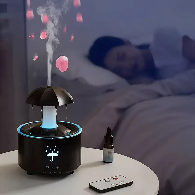 Black aroma diffuser in a bedroom setting