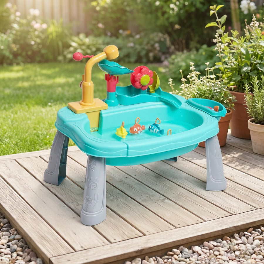 Green kids' water play kitchen shown in a garden setting