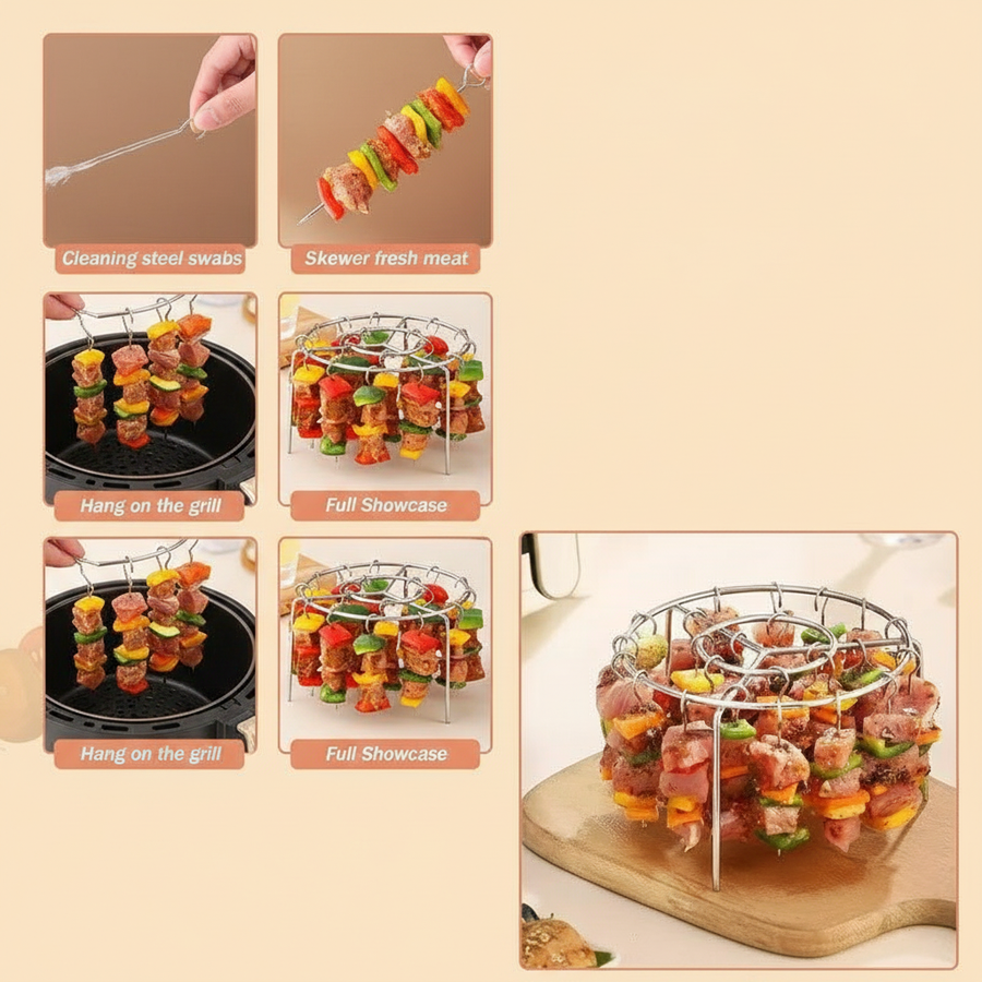 Skewer rack disassembled showing individual skewers and base