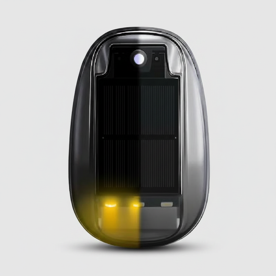 Front view of the solar-powered RGB roof light with LEDs lit