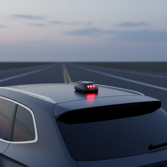 Solar-powered RGB light mounted on a car roof at dusk