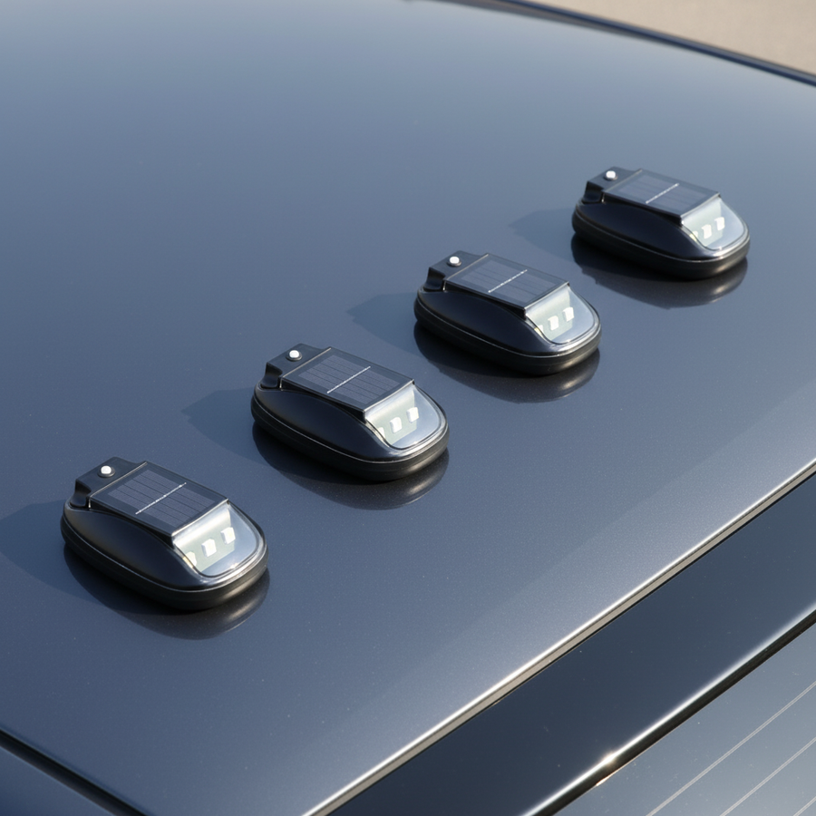 Several solar-powered RGB roof lights mounted on a car roof