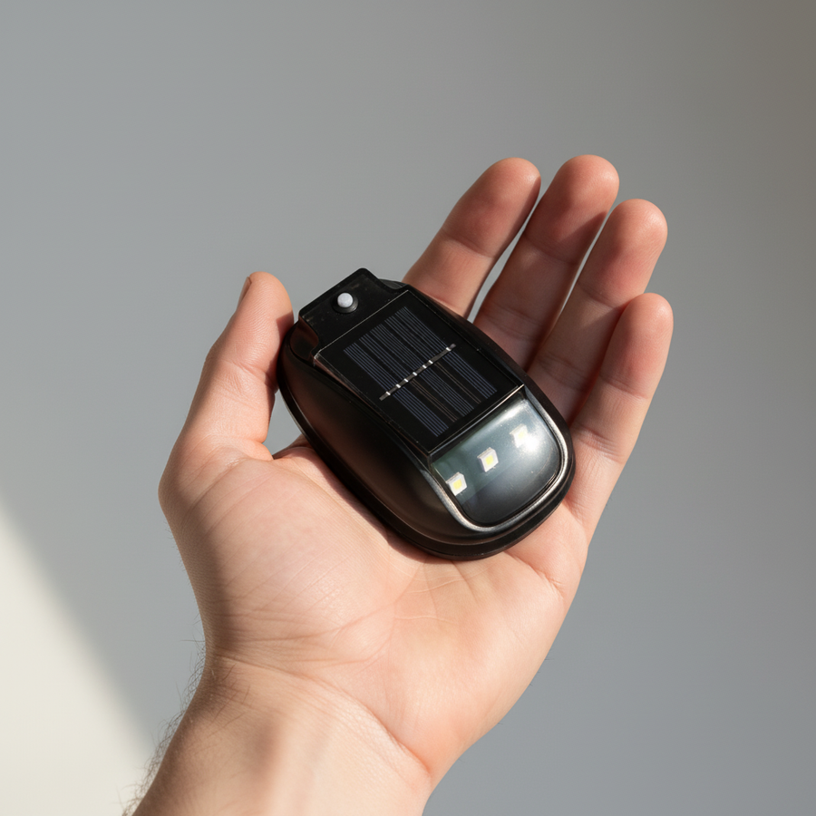 Solar-powered RGB roof light held in hand showing its compact size