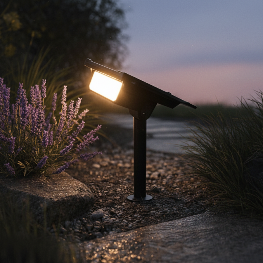 Solar spotlight at dusk with lavender along a garden path