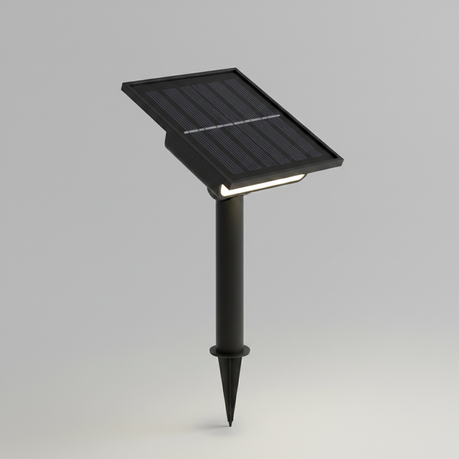 Solar spotlight studio photo on gray background showing the ground stake