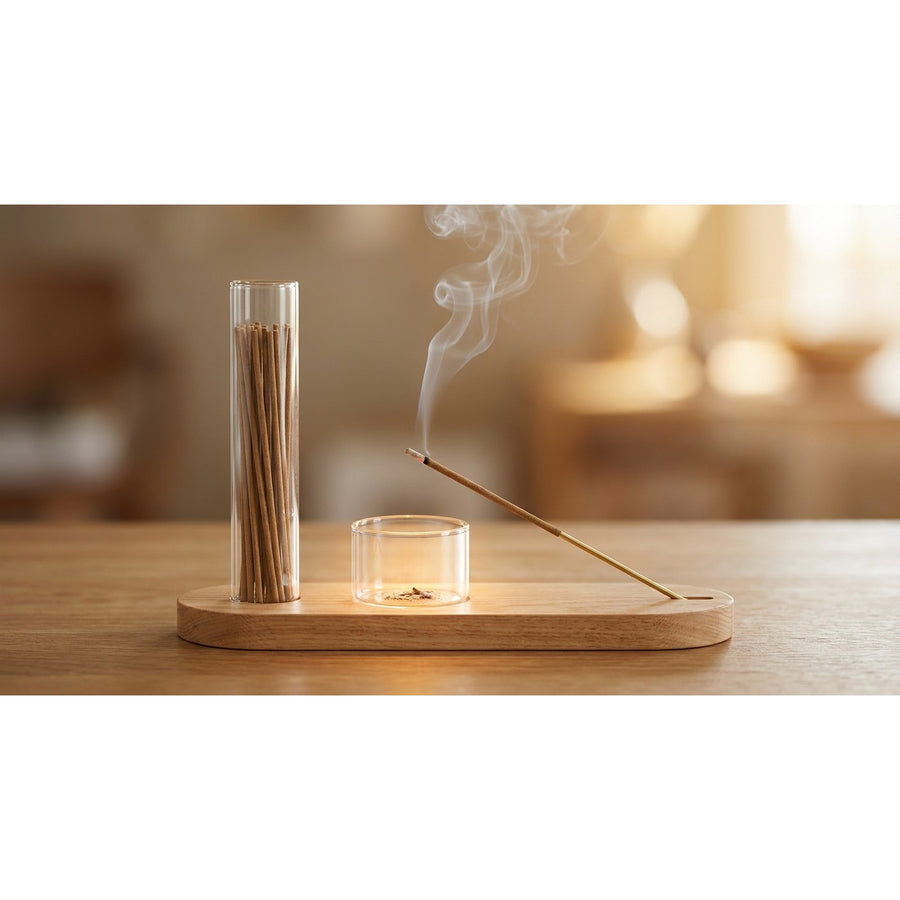 Incense holder in use with white smoke rising from burning incense stick on wooden table