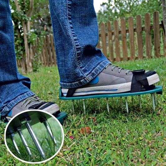 Lawn aerator shoes with spikes shown from the side
