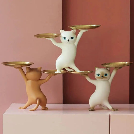 Decorative cat figurine with gold trays in three color options