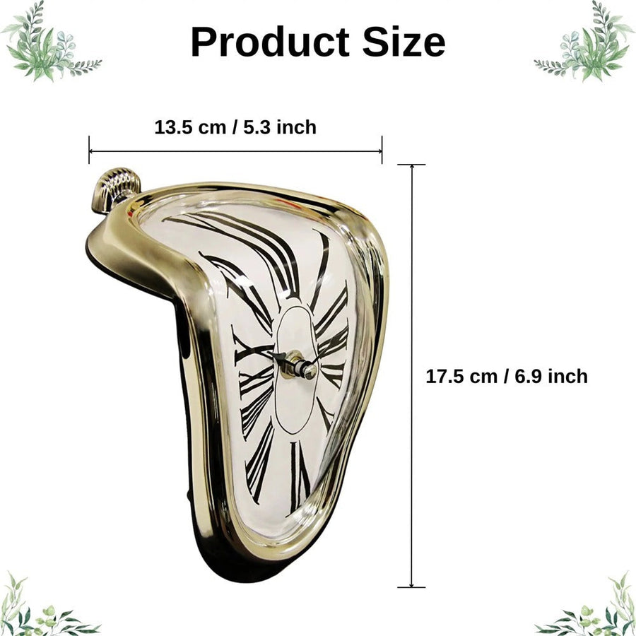 Gold melting decorative clock measuring 5.3 x 6.9 inches (13.5 x 17.5 cm).