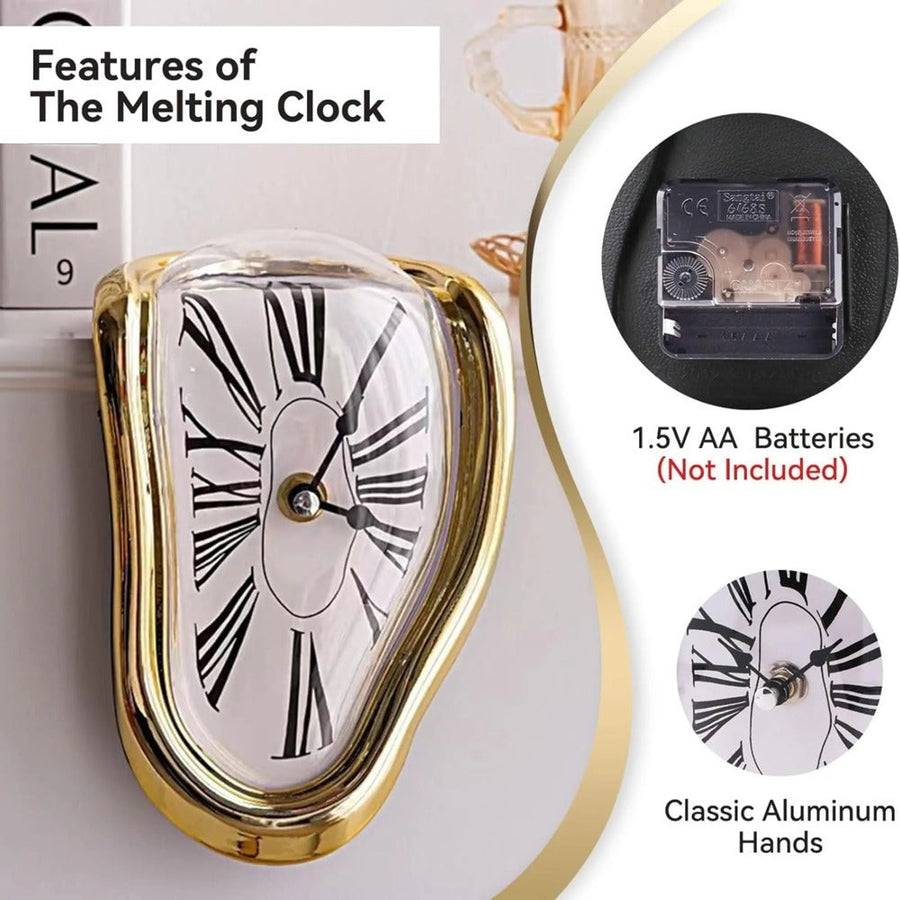 Close-up of the melting clock's quartz movement and aluminum hands.