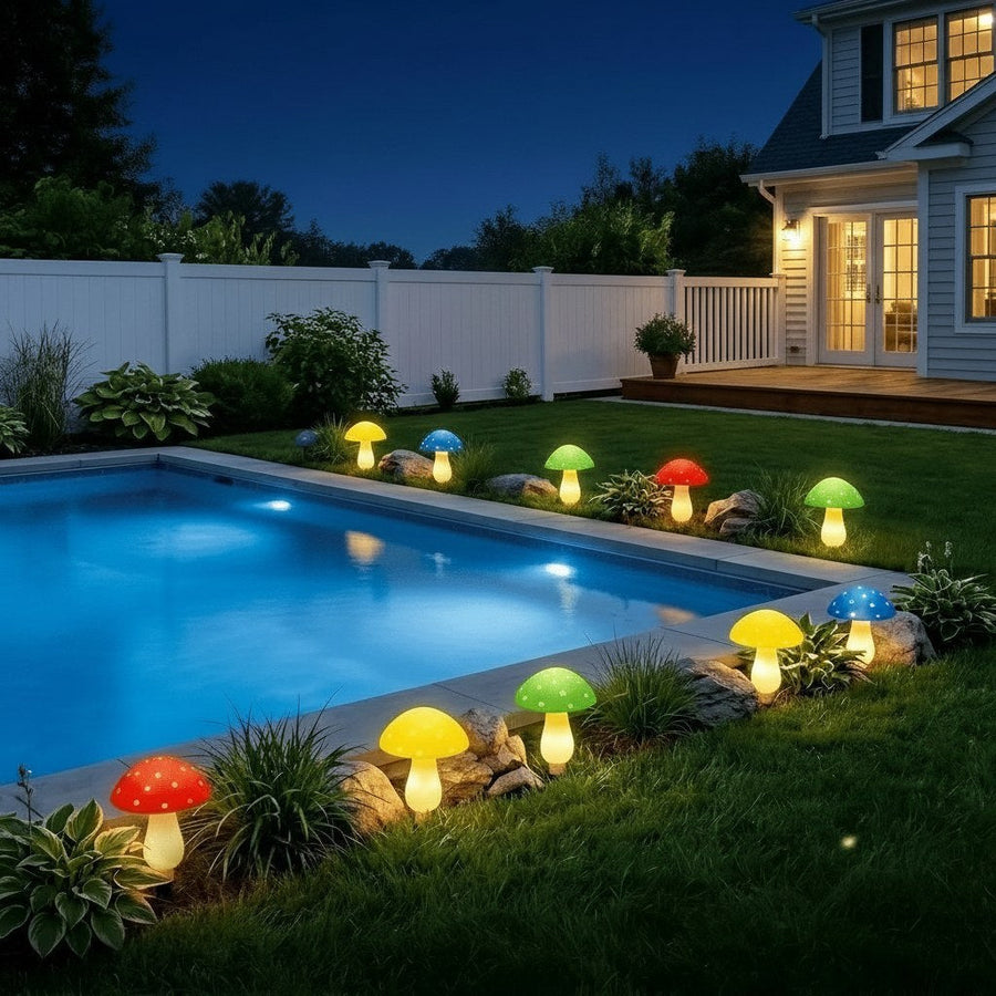 Solar-powered mushroom lights glowing around a pool at night